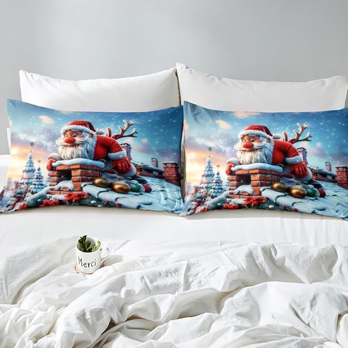 Cute Santa Claus Duvet Cover Set Twin Size,Winter Snow Cabin Rustic Farmhouse Bedding Set,Boys Girls Room Decor,Xmas Tree Merry Christmas Comforter Cover,White Quilt Cover,1 Pillowcase,No Comforter