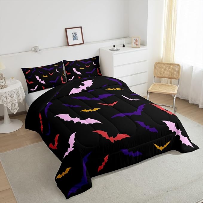 Erosebridal Bat Bedding Set Toddler Size for Kids Children Happy Halloween Comforter Set Flying Bat Quilt Gothic Spooky Down Comforter with 1 Pillow Case,Purple and Pink