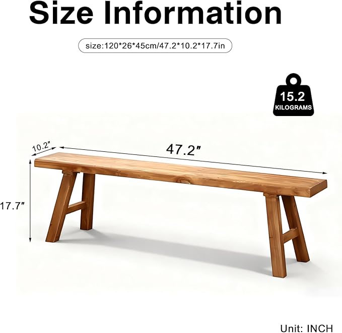 Wooden Entryway Bench Farmhouse for Bedroom End of Bed Vintage Artisan Live Edge Ustic Interior Decor Accent Mudroom,Bedside,Dinette Table,Noodle Narrow Bench (47.2" W x 17.7" H x 10" D)