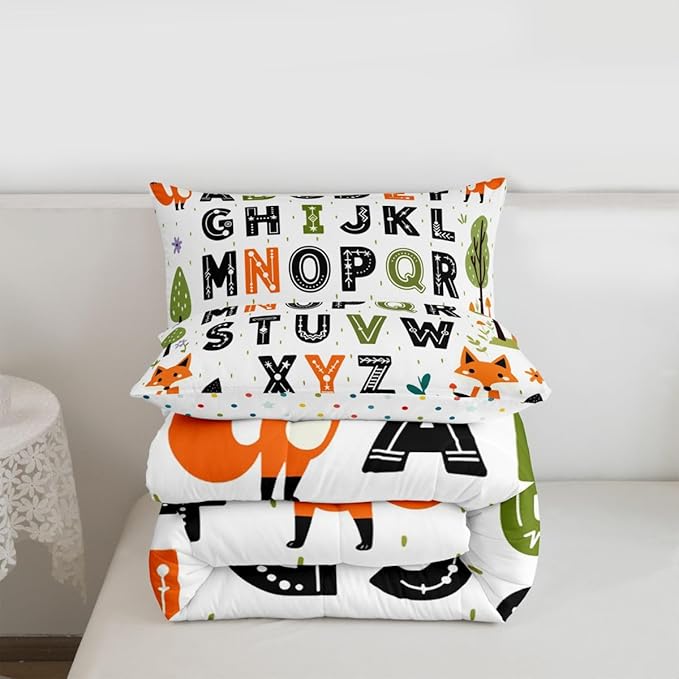 Feelyou Educational Nursery Art Comforter Set King Size Alphabet Kids ABC Learning Bedding Set for Kids Boys Girls Cute Fox Duvet Quilt Woodland Animals Bedroom Decor 3 Pcs with 2 Pillow Cases