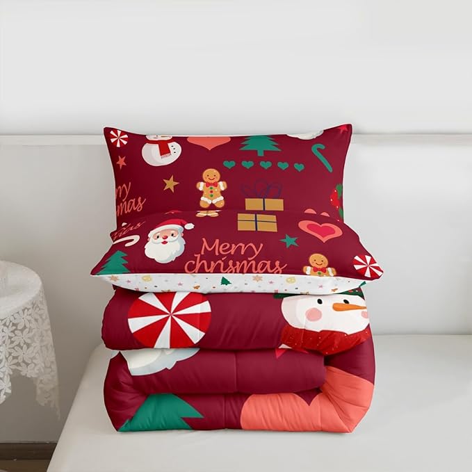 Feelyou Merry Christmas Comforter Set All Season Santa Claus Snowman Bedding Set with 1 Pillow Cases Gingerbread Man Microfiber Kids Toddler Bedclothes Xmas Tree Deer Bedroom Decor Duvet Quilt Soft