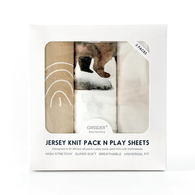 Stretchy Ultra Soft Jersey Knit Pack and Play Sheets Set 3 Pack, Portable/Mini Crib Sheets Universal Fit for Pack N Plays Safe and Snug, Cute Jungle Bear/Rainbow for Baby