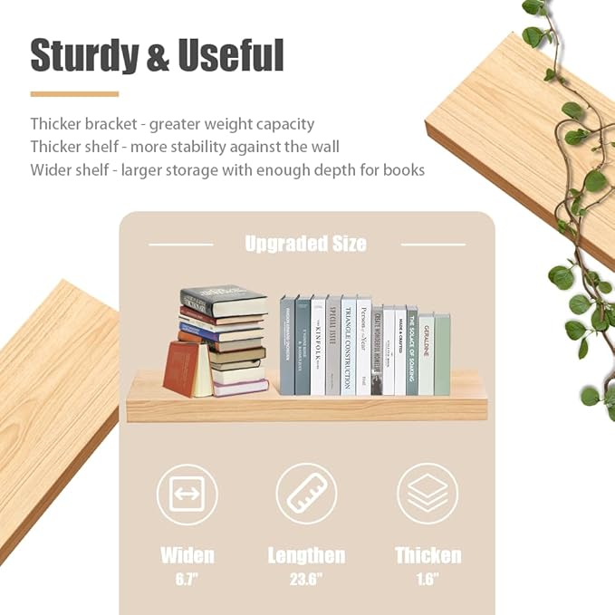Habudda Floating Shelves, Wooden Wall Shelf for Rustic Decor, Hanging Display Shelving for Bedroom Bathroom Kitchen Living Room, Natural Wood, Invisible Bracket, 23.6"×6.7"×1.6", 2-Pack