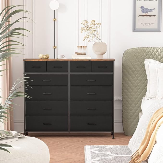 Large Dresser for Bedroom with 12 Deep Drawers, Tall Fabric Drawer Dresser, Chest of Drawers for Closet, Nursery, Living Room, Laundry, Entryway, Hallway (Black)