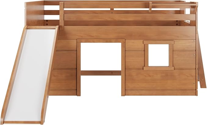 Max & Lily Loft Bed Twin Size, Solid Wood Low Loft Bed with Slide and Ladder, Modern Farmhouse Loft Bed for Kids, Farmhouse Pecan
