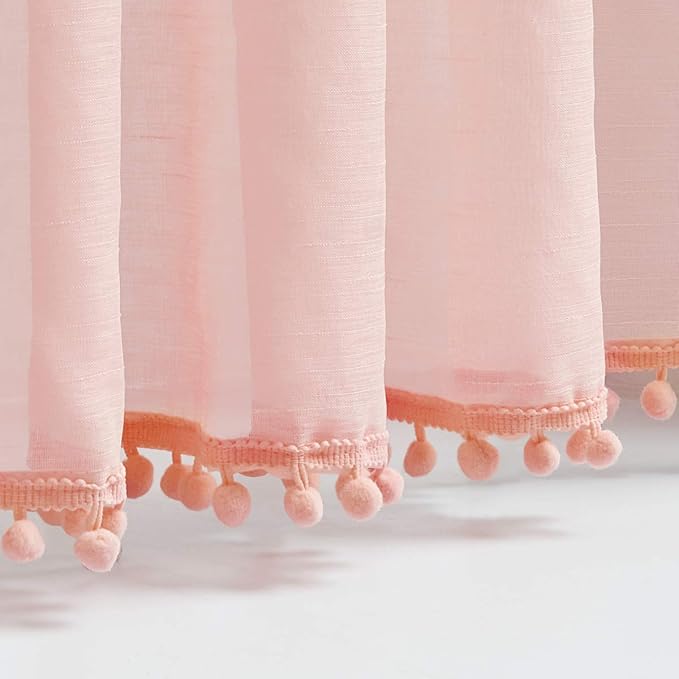 Treatmentex Pom-Pom Sheer Curtains for Girls Bedroom 63" Sheers for Living Room Window Drapes 52" w 2pack Blush Pink Rod Pocket