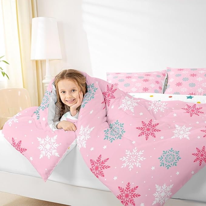 Feelyou Winter Snowflakes Bedding Set Soft for Boys Girls, Winter Holiday Comforter Set Full Size Frozen Snowflake Duvet Quilt Microfiber Pink Bedroom Decor 3 Pcs with 2 Pillow Cases