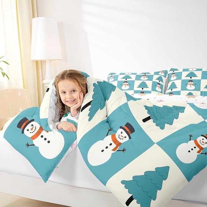 Feelyou Merry Christmas Comforter Set All Season Snowman Bedding Set with 2 Pillow Cases Xmas Tree Microfiber Kids King Bedclothes Bedroom Decor Duvet Quilt Breathable Soft Lightweight