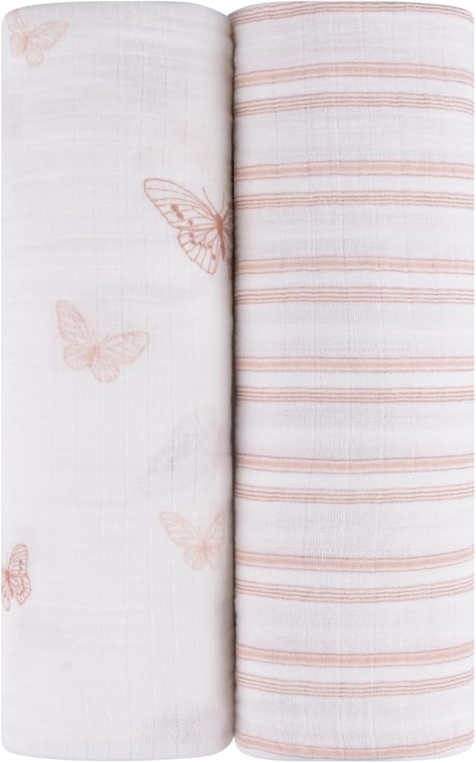 Ely's & Co. Muslin Swaddle Blankets 2-Pack for Baby Girl, 100% Cotton Muslin Extra Large Swaddle Receiving Blankets, 47”x47” (Pink Butterflies + Stripes)