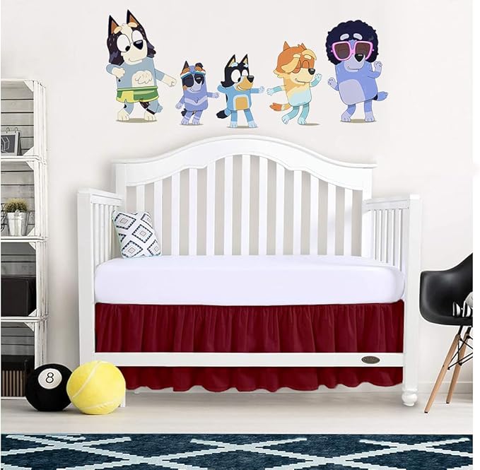 Crib Bed Skirt 28” x 52” with 14” Drop – Split Corners Dust Ruffle, Microfiber - Breathable, Durable, Elastic Adjustable Fit, Soft Nursery Bedding for Baby Boys & Girls, Burgundy Solid