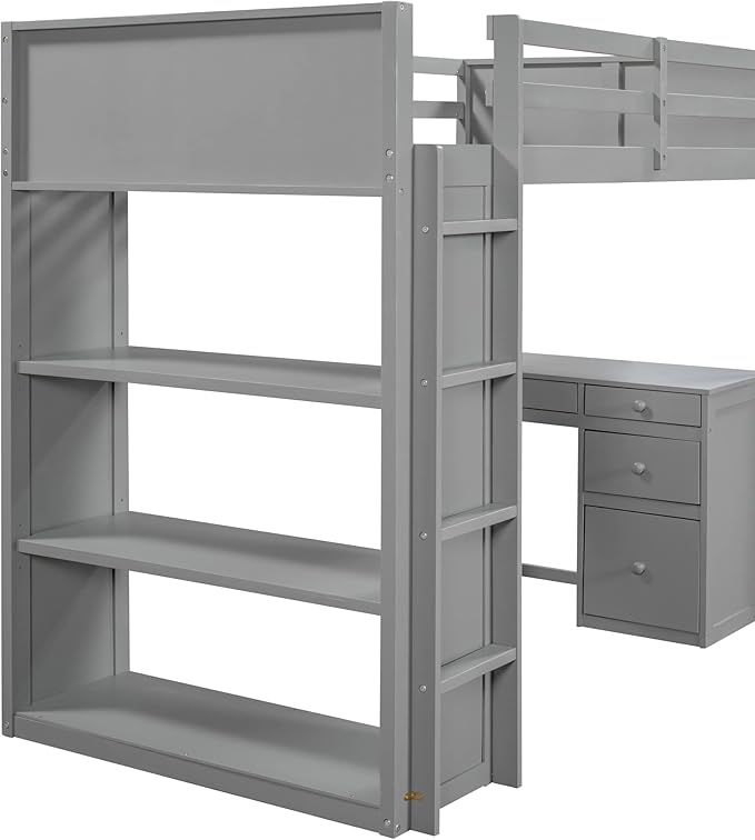 CITYLIGHT Twin Loft Bed with Desk and Shelves,Wooden Twin Size Loft Bed with Desk and Storage Drawers, Space Saving Loft Bed Twin for Kids Girls Boys (Twin,Grey)