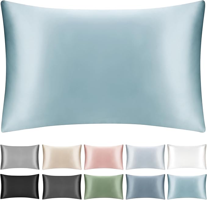 100% Mulberry Silk Zippered Bed Pillowcase for Hair and Skin,Zip Up Real Silk Large Pillow Case,19 Momme Grade 6A,1pc,Pale Blue,Super King Size 20x36 Inches