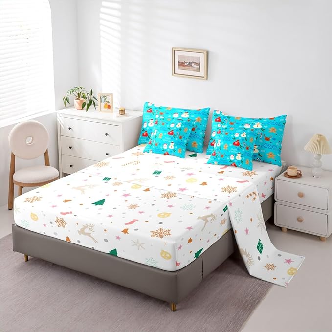 Christmas Deer Comforter Set With Sheets 7 Piece Queen Size Cute Gingerbread Man Bedding Set for Kids Boys Girls Christmas Santa Claus Bed in a Bag Reversible Xmas Decor Room Decor Soft Lightweight