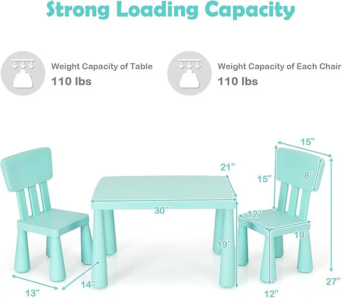HONEY JOY Kids Table and Chair Set, Plastic Children Activity Table and 2 Chairs for Art Craft, Easy-Clean Tabletop, 3-Piece Toddler Furniture Set for Daycare Playroom, Gift for Boys Girls (Green)