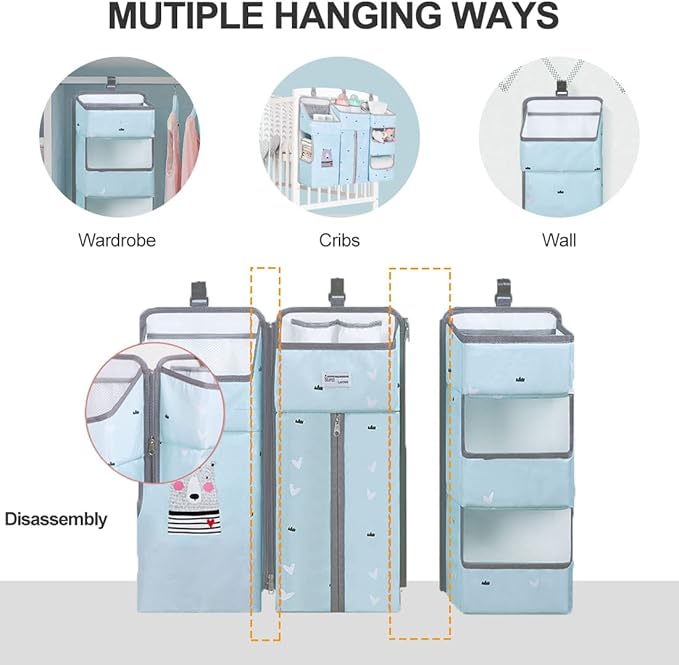 Hanging Diaper Caddy Organizer for Baby Crib - 3-in-1 Diaper Stacker for Changing Table Nursery Organization Storage Holder for Baby Essentials Attachment Portable Combining (Sky Blue)