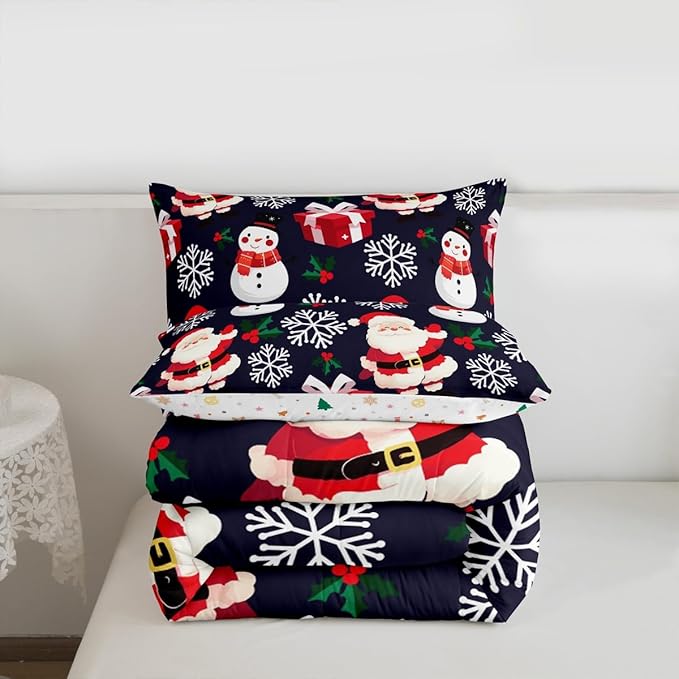 jejeloiu Merry Christmas Comforter Set Queen Size Xmas Santa Claus Bedding Set for Kids Boys Girls Cute Snowman Duvet Quilt Dark Blue Bedroom Decor