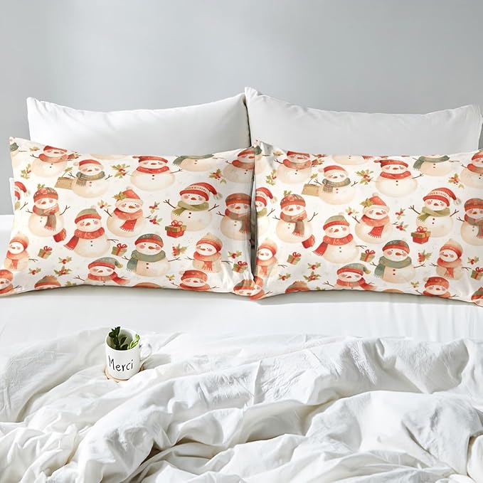 Manfei Cute Snowman Duvet Cover Set Queen Size, Christmas Theme Bedding Set for Kids Kids Girls Room Decor, Western New Year Comforter Cover, Lightweight Bedspread Cover, 2 Pillowcases, No Comforter
