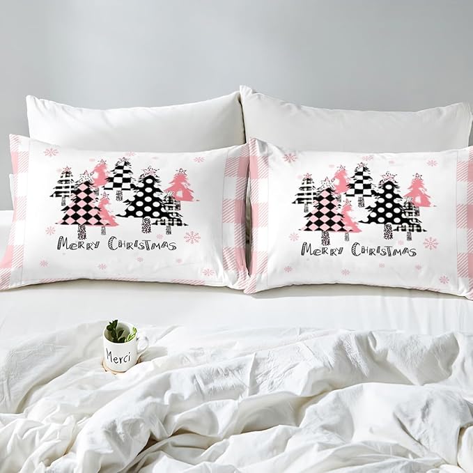 Merry Christmas Duvet Cover Set King Size, Pink Plaid Xmas Trees Bedding Set 3pcs, New Year Holiday Quilt Cover with Zipper Closures, Kids Girls Santa Claus Room Decor, 2 Pillowcases, No Comforter
