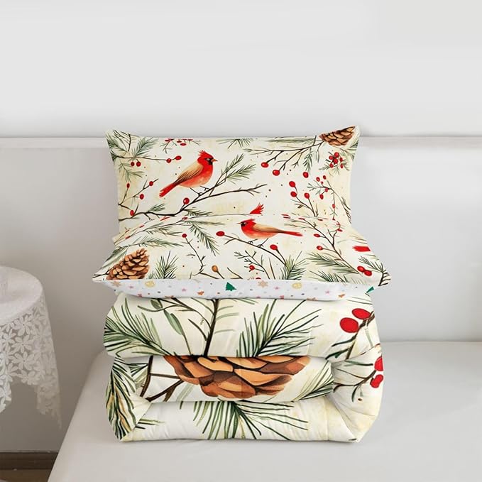 Feelyou Cardinal Bird Kids Comforter Set King Size Pine Branch Bedding Set Red Berry Duvet Quilt for Kids Boys Girls Bedroom Pine Cone Decor Winter Christmas Pattern Microfiber Ultra Soft Breathable