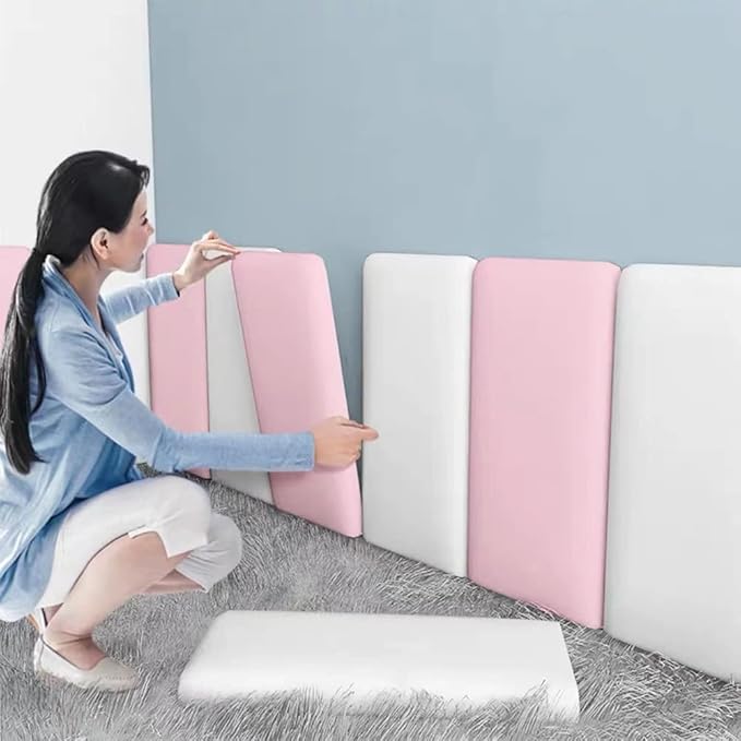 3D Anti-Collision Wall Padding for Kids, Peel and Stick Upholstered Wall Panels, Queen Headboard, Playroom Decorative Protection Panel, Pack of 2 Panels Sized 23.6” X 11.8” (Pink)