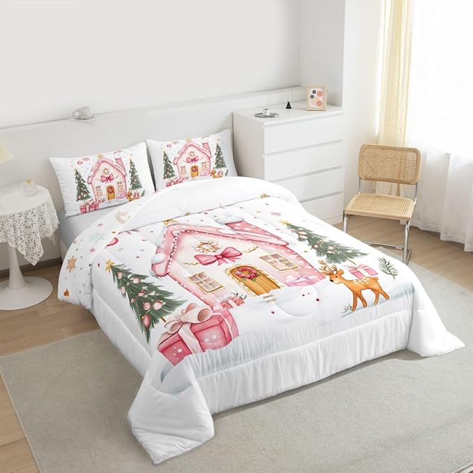 Feelyou Gingerbread House Bedding Set Soft for Boys Girls, Christmas Tree Comforter Set Full Size Reindeer Duvet Quilt Microfiber Snowflake Bedroom Decor Holiday Scene 3 Pcs with 2 Pillow Cases