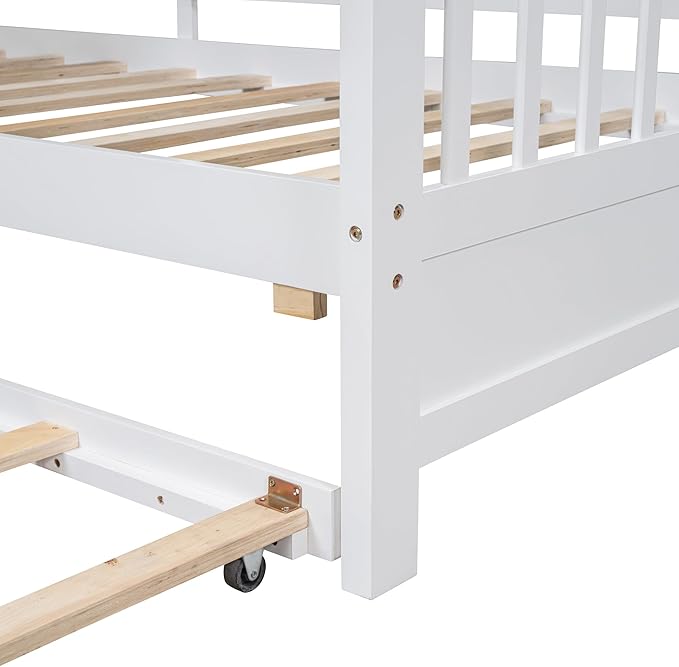Full Size House Bed with Roof and Window for Kids, Wooden Playhouse Bed with Storage Shelves and Trundle for Bedroom Furniture Girls & Boys (White/T2)