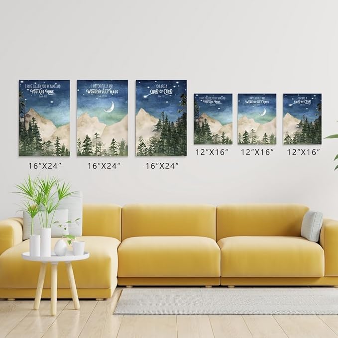 Nursery Scripture Wall Art, Set of 3 Nursery Bible Verse Wall Decor, Star Night Mountain Forest Wall Art, Nature Woodland Decor Canvas Prints, Inspirational Christian Kids Art, Framed 12"x16"