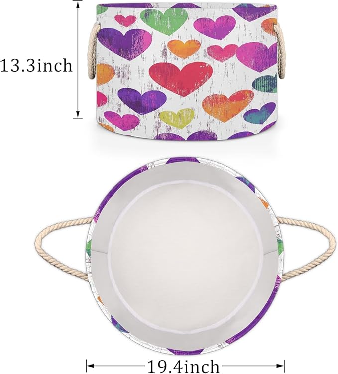 Colorful Hearts Pattern Round Storage Basket for Laundry & Toys, Lightweight Fabric Laundry Hamper with Handles, Foldable Large Organizer Bin for Bedroom Bathroom Nursery Dorm