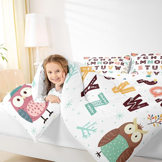 Feelyou Alphabet Kids ABC Learning Comforter Set King Size Cartoon Owls Bedding Set for Kids Boys Girls Educational Nursery Art Duvet Quilt Wildlife Bedroom Decor Microfiber 3 Pcs with 2 Pillow Cases