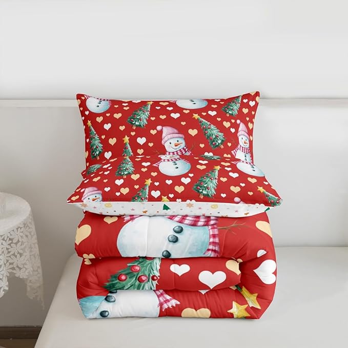 Feelyou Merry Christmas Comforter Set Queen Size Cute Snowman Bedding Set for Kids Boys Girls Christmas Tree Duvet Quilt Love Hearts Microfiber 3 Pcs with 2 Pillow Cases