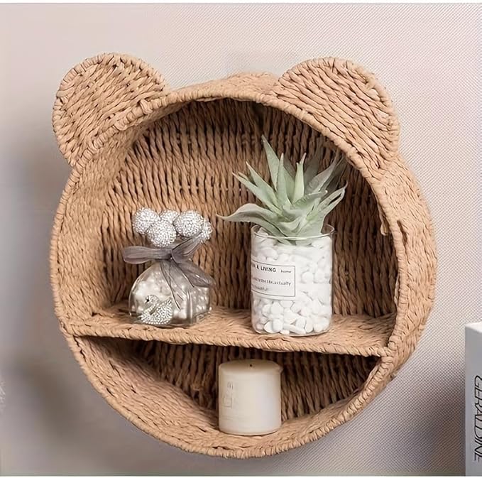 Bear-Shaped Rattan Wall Shelf – Handmade Woven Nursery Bookshelf for Kids Room, Boho Wall-Mounted Storage Organizer for Toys, Books & Décor