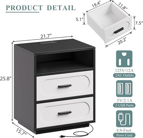 26" Tall Modern Nightstand with Charging Station, White End Table with 2 Drawers Storage, Space-Saving Wood Storage Cabinet with Unique Base Design, Bedside Table for Bedroom, Living Room