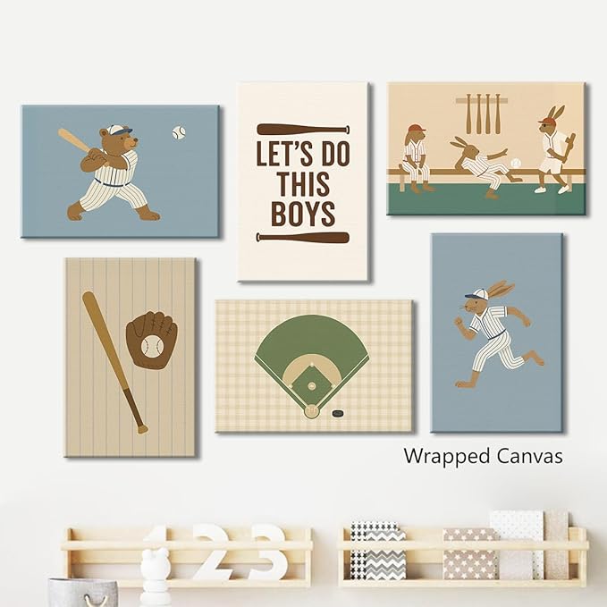 Baseball Poster Canvas, Baby Boy Sports Nursery Wall Art, Cute Animal Rabbit Bear Athletes Pictures, Let's Do This Boys Charming Quote Print, Kids Bedroom Baseball Field Art 8x12in Unframed