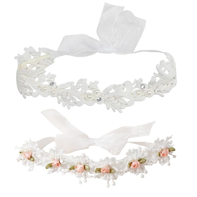2 Pack 18-20in Elegant White Flower Christening Headbands for Baby Girl, Elastic Soft Lace with Cute Tulle Pearl Hair Strap (Snow Tooth Rose)