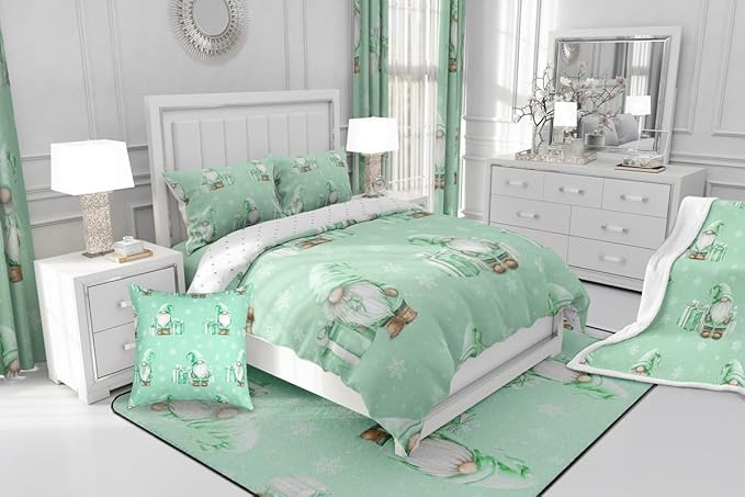 Feelyou Green Christmas Comforter Set All Season Scandinavian Christmas Santa Gnomes Bedding Set with 1 Pillow Cases Xmas Snowflake Kids Twin Bedclothes Bedroom Decor Breathable Soft