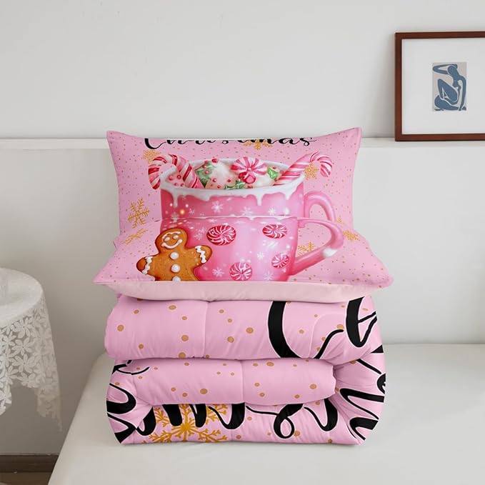 Erosebridal Merry Kids Twin Comforter Sets Christmas Decor Bedding Sets Pink Xmas Snowflake Down Comforter Dessert Gingerbread Man Bed Set for Boys Girls Teens