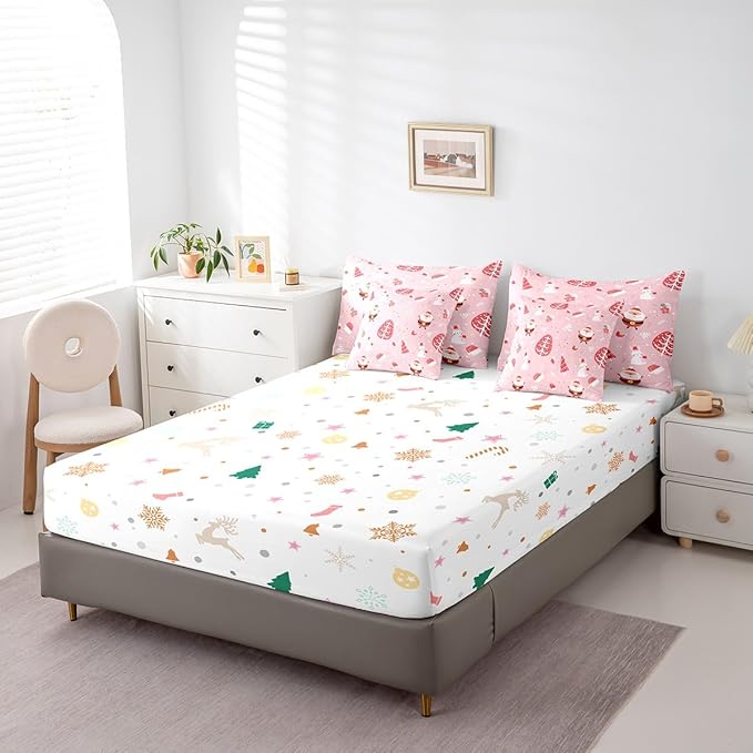 Santa Claus Bed in a Bag Cute Rabbit Kawaii Pink Comforter Set with Sheets for Kids Boys Girls Decor Merry Christmas Bed Set Girly Pink Bedding Set Bedroom Collection Full Size