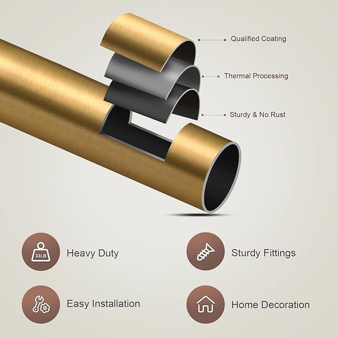 Brass Curtain Rods for Windows 72 to 144 Adjustable Modern Gold Curtain Rod 1 inch Diameter Heavy Duty with Solid Metal Finials for Living Room Bedroom Farmhouse Outdoor Patio