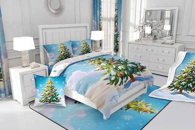 Feelyou Christmas Bedding Set Soft for Boys Girls, Xmas Tree Comforter Set Full Size Christmas Tree Ornaments Duvet Quilt Microfiber Winter Snowflake Bedroom Decor 3 Pcs with 2 Pillow Cases