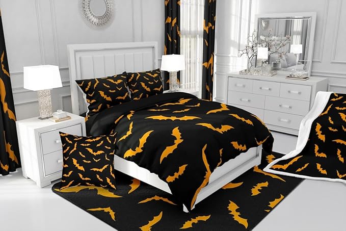 Erosebridal Bat Quilt Happy Halloween Decor Comforter Set Toddler Size for Kids Boys Youth Gothic Spooky Bedding Set Orange Bats Silhouette Duvet Insert with 1 Pillow Case
