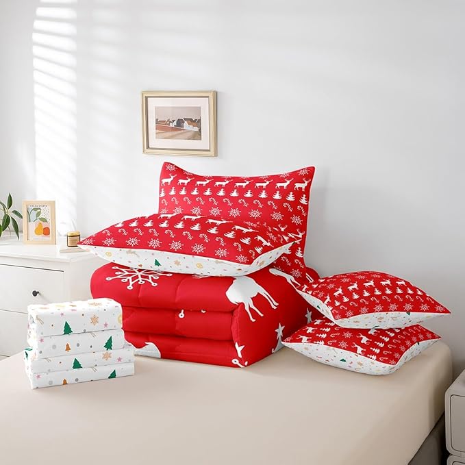 Erosebridal Christmas King Bedding Set 7 Piece,Xmas Elk Deer Bed in A Bag,Winter Snowflake Comforter Set Candy Pine Tree Sheet Set with Comforter,Red Christmas Decoration
