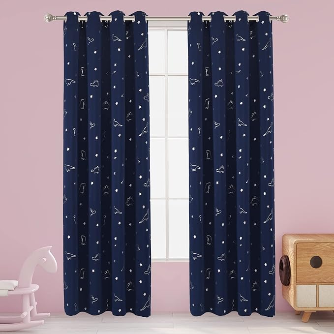 LORDTEX Dinosaur and Star Foil Print Blackout Curtains for Kids Room - Thermal Insulated Curtains Noise Reducing Window Drapes for Boys and Girls Bedroom, 52 x 95 Inch, Navy, Set of 2 Panels