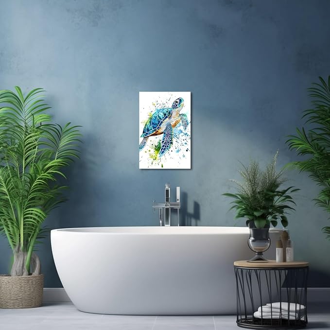 AWPANERAR Sea Turtle Wall Art Bathroom Pictures Watercolor Sea Life Canvas Prints Ocean Animal Poster Nautical Theme Artwork for Kids Room Nursery Decor Framed (White, (36L x 24W))