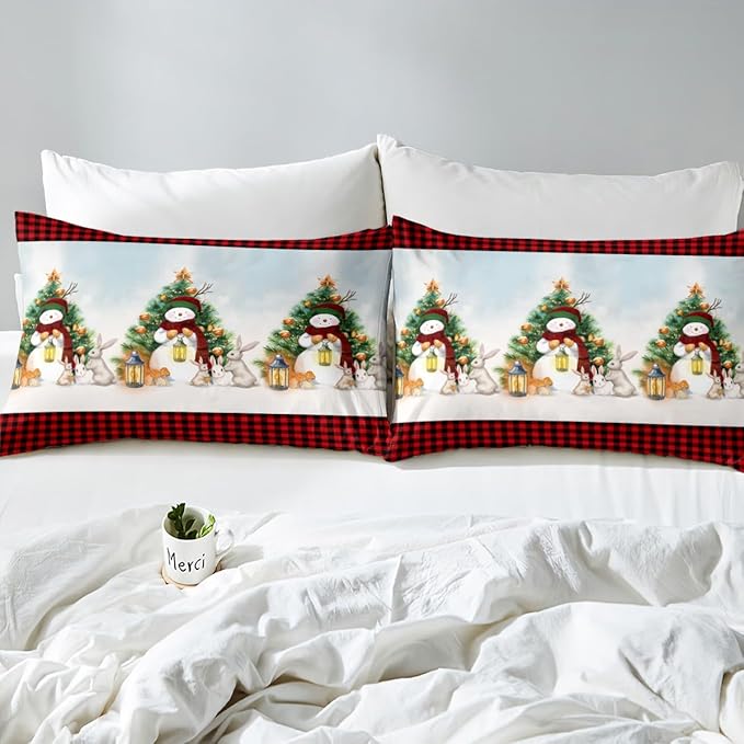 Manfei Red Plaid Duvet Cover Set Full Size, Snowman and Xmas Tree Print Bedding Set 3pcs for Kids Boys Girls Bedroom Decor, Christmas Theme Comforter Cover with 2 Pillowcases,No Comforter