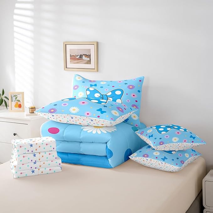 7 Pieces Blue Bowknot Kids Comforter Set Twin,Daisy Flowers Geometric Dot Patchwork Bedding Set,Star Bow Tie Princess Cute Dreamy（Comforter+Fitted+Flat Sheet+2 Pillowcases+2 Throw Pillow Covers）