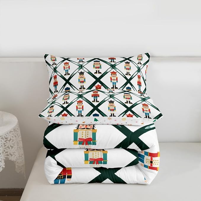 Feelyou Cute Nutcracker Bedding Set Soft for Boys Girls,Green Lattice Pattern Comforter Set Queen Size Colorful Duvet Quilt Microfiber Funny Soldier Bedroom Decor Kawaii 3 Pcs with 2 Pillow Cases