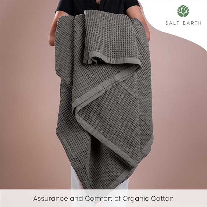 Salt Earth GOTS Certified 100% Organic Cotton Throw Blanket,108"X90" Waffle Blankets & Throws for Bed, Throw Blanket for Couch, Modern & Cozy Blanket, All Season, Comfy & Soft Blanket(Charcoal Grey)