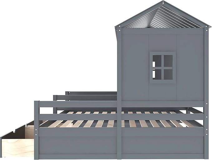 P PURLOVE Twin Double Shared Bed,Twin Size House Platform Beds with Two Drawers for Boy and Girl Shared Beds, Montessori House Bed Frame Combination of 2 Side by Side Twin Size Beds,Gray