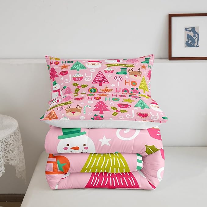 Merry Christmas Kids Comforter Set Twin Size,Cartoon Santa Claus Snowman Bedding Set,Boys Girls Adults Room Decor,Christmas Trees Deer Cute Down Comforter,Pink Romantic Duvet Insert,1 Pillowcase