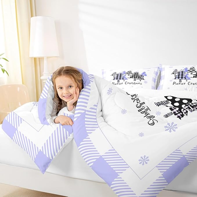Manfei Xmas Trees Comforter Set Queen Size, Blue Plaid Grid Snowflake Bedding Set 3pcs for Kids Girls Boys Adults Room Decor, Christmas Theme Down Comforter New Year Quilt Set with 2 Pillowcases